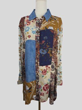 John Mark Patchwork Button Up Tunic Shirt Sz 1X Artsy Boho Floral Mixed Print